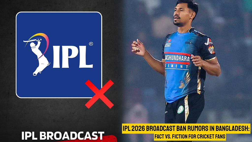 Fact-check infographic comparing IPL 2026 broadcast ban in BD with the actual Mustafizur situation, download the crickex app for verified results of আইপিএল matches.