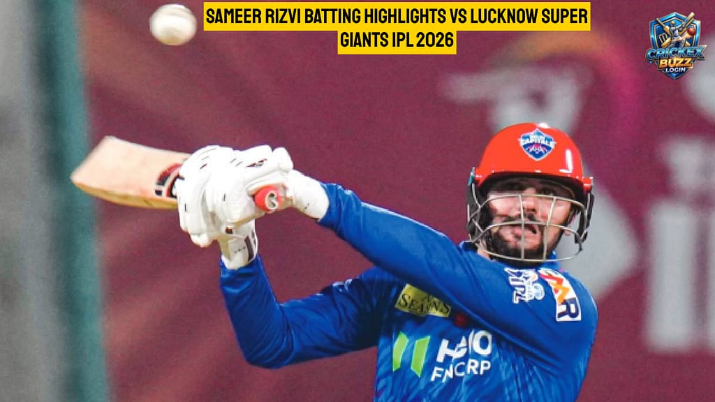 Sameer Rizvi hitting a crucial boundary during the LSG vs DC match, featured on crickex sign up